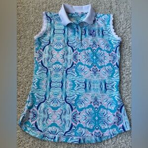 EUC Blue and Pink Patterned Sleeveless Polo Shirt